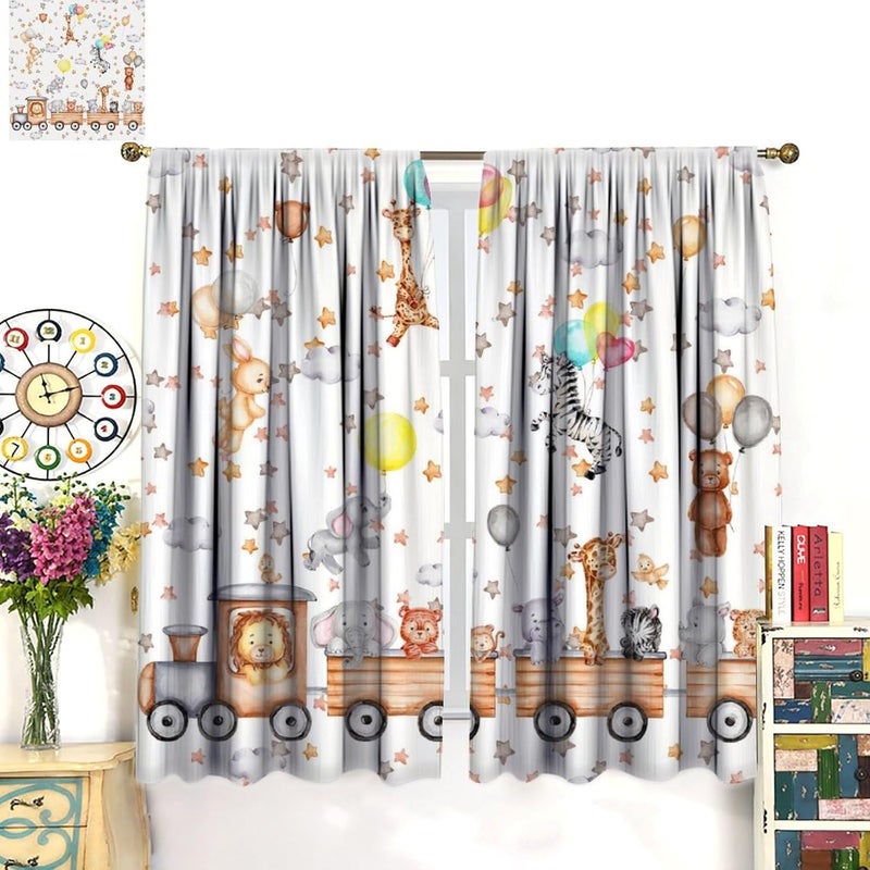 AAVEUP Cartoon Animal Curtains for Kids,Funny Cute Watercolor Forest Animals Lion Giraffe Balloon Bear Stars Window Treatments for Nursery Baby Toddler Boys Girls Bedroom Living Room 42x45in（No Blackout） - Image 4